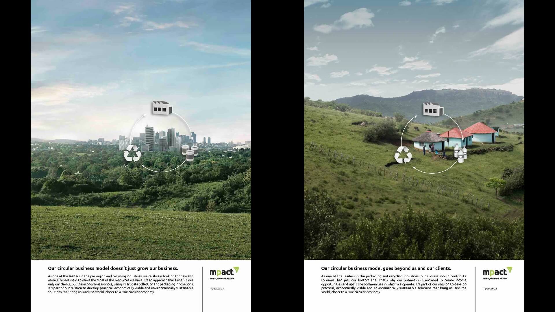 Mpact circular economy campaign print adverts showing how recycling and packaging protect cities, communities and natural resources.
