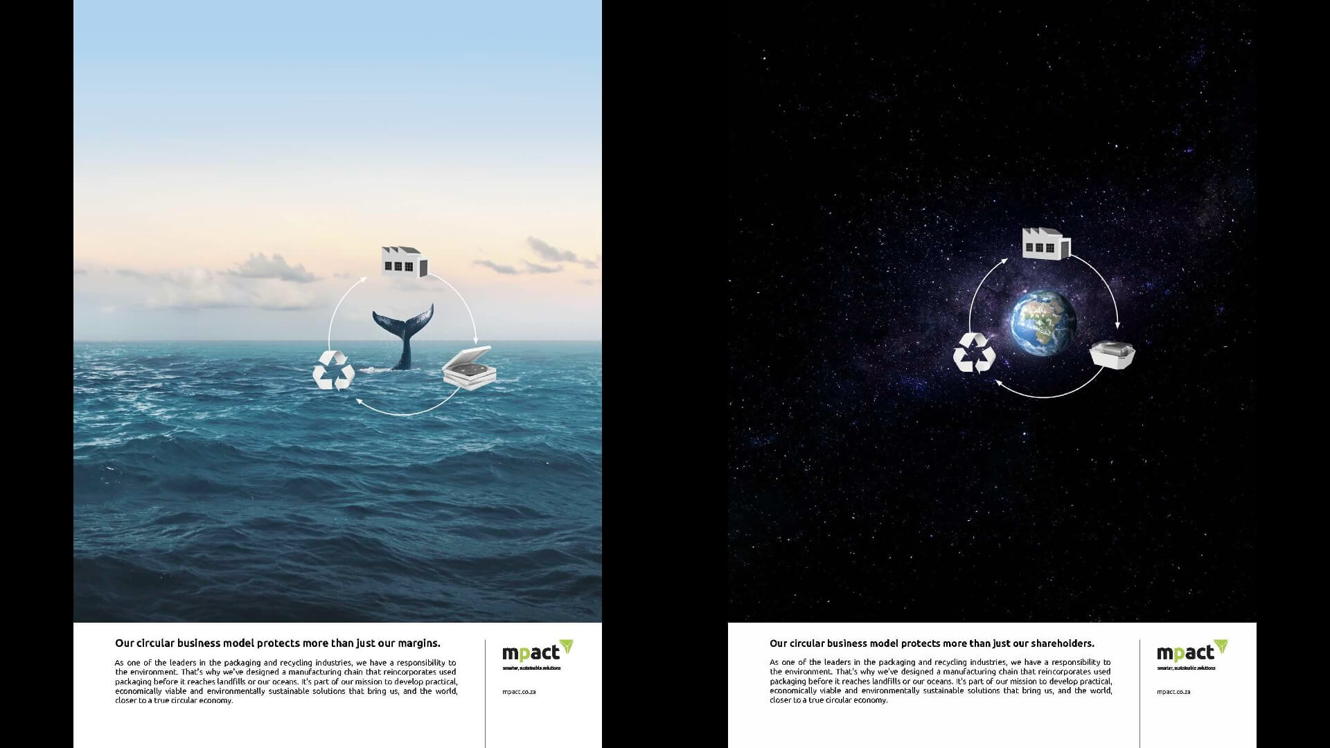 Mpact circular economy campaign print adverts showing how recycling and packaging protect cities, communities and natural resources.