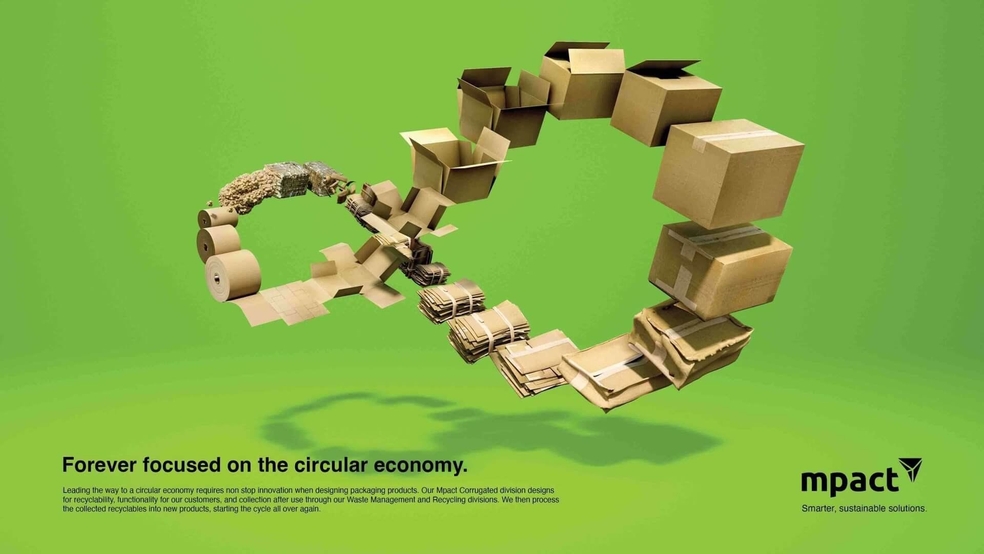 Mpact corrugated boxes arranged in an infinity loop to show recycling, material recovery and closed-loop plastic packaging.