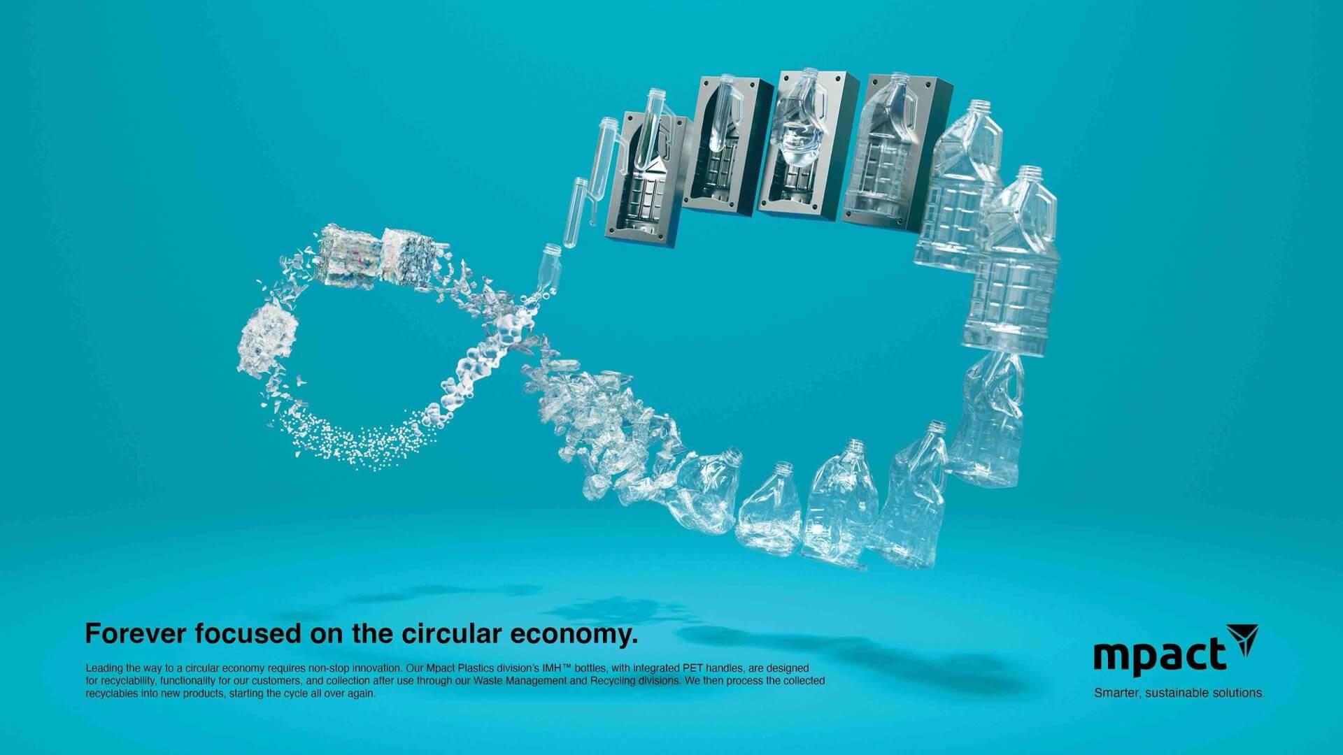 Mpact plastic bottles arranged in an infinity loop to show recycling, material recovery and closed-loop plastic packaging.