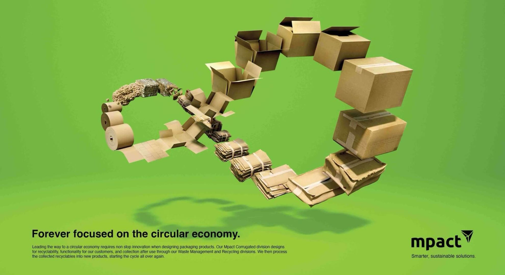 Mpact corrugated boxes arranged in an infinity loop to show recycling, material recovery and closed-loop plastic packaging.